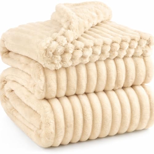 Image of WONJU Ultra Plush Mink Blanket | Soft Warm Fleece Blanket for Double Bed | Luxury Winter Blanket for Bed, Sofa, Couch & Travel | Machine Washable (Cream)