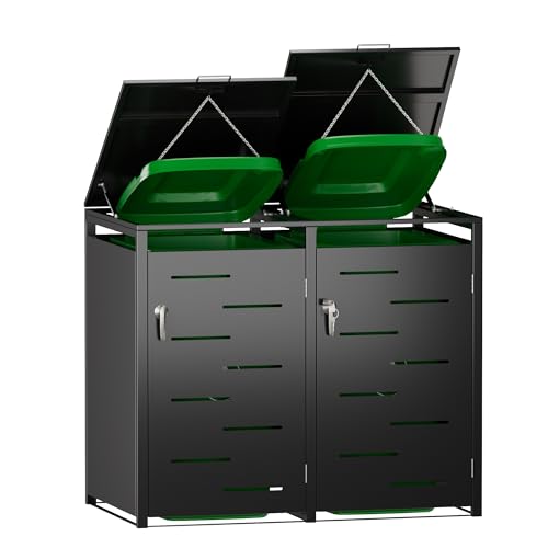 SUPEER Mülltonnenbox 2er und 1er Tonne | bis 240 Liter | schwarz | verzinkter Stahl | Premium Dämpfer | wetterfest| Hydraulikstangen| Türgriff mit...