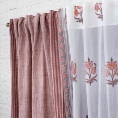 Image of Peepul Tree Pure Cotton and fine Mulmul Curtain Set of 2 Handwoven and 2 Sheer Curtains| Dusty Pink and Off-White | 8 ft | Set of 4 | Royal Courtyards Collection
