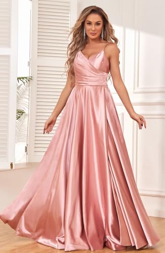 LIKESEEDD Vestidos de dama de honra de cetim com fenda decote em V alças finas franzido longo vestid