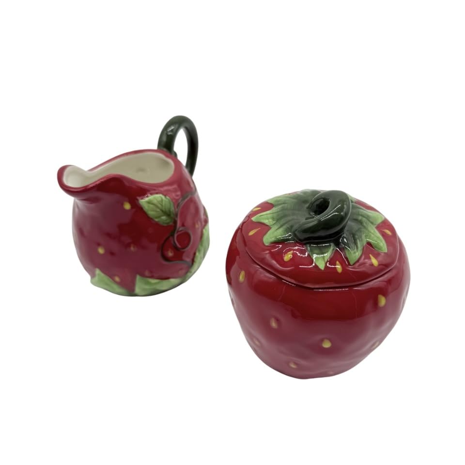 Set de Azucarero y Lechera Vintage en Forma de Fresa – Juego de Azucarero Cerámica con Tapa – Azucarero Rojo Cocina Gres 11x20 cm