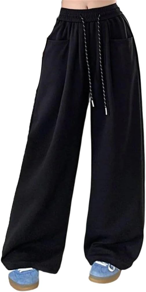 Women's Loose High-Waisted Solid Color Drawstring Wide-Leg Pants