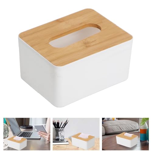 Image of HOKIPO Bamboo Cover Plastic Tissue Box Holder | Tissue Paper Holder Box Case | Tissue Holder Dispenser Organizer for Car Decor Home, 16.5x13x9 cm (AR-5292)