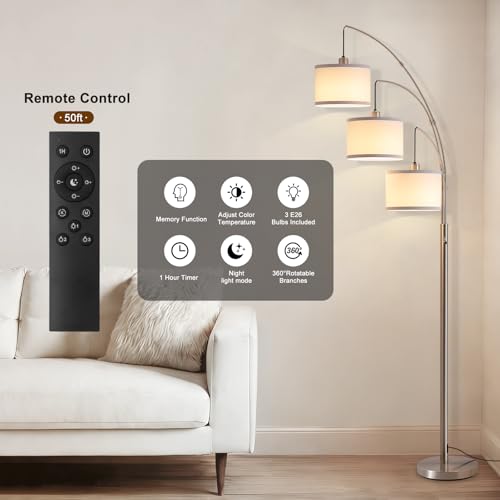 Image of Floor Lamps for Living Room, 2400LM Super Bright Arc Floor Lamp with Remote Control, 3 Light Tall Floor Lights with Stepless Dimmable, 80 inch Mid Century Tree Floor Lamp for Bedroom, Office