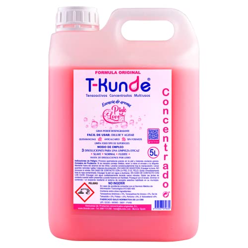Bidón 5 Litros Concentrado Aroma Pink Love - Detergente Concentrado Tensoactivo y Multiusos - Para Limpieza: Uso Profesional y Doméstico - Equivale a 75 Litros de Disolución. T-Kunde