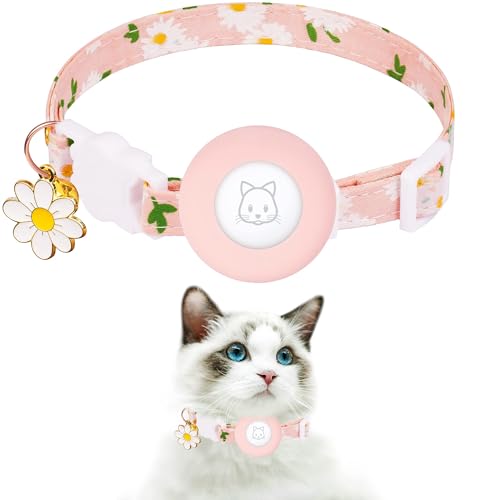 Cat Collar, Kitten Collar Breakaway with Silicone Airtag Holder, Bells & Flower Charm for Girl Cats Boy Cats Small Dogs(Pink)