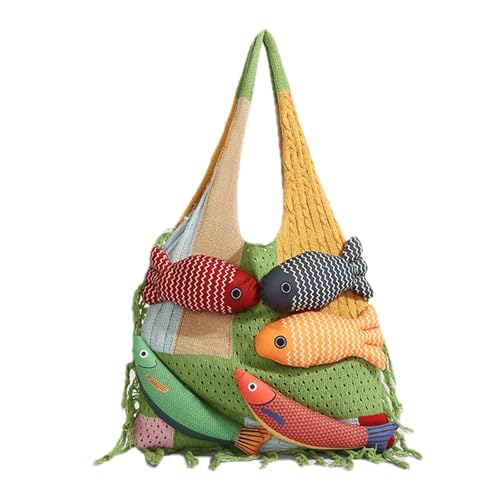 Bolso de hombro tejido con diseño 3D de pez para mujer, estilo Boho, tote versátil para vacaciones de verano