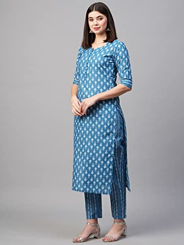 Image of GoSriKi Women's Cotton Blend Printed Straight Kurta With Pant