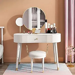 Vandana Interiors Modern Makeup Vanity Table Set 2 Mirrors with Drawer & Stool Brushed Gold White