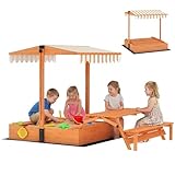 AIYAPLAY Kids Sand Pit with Lid, Wooden Sandpit with Canopy, Foldable Picnic Table, Bench Seats, Bottom Liner, Outdoor Sandbox with Cover for 6 Children, Patio Garden Gift for Ages 3-8, Brown