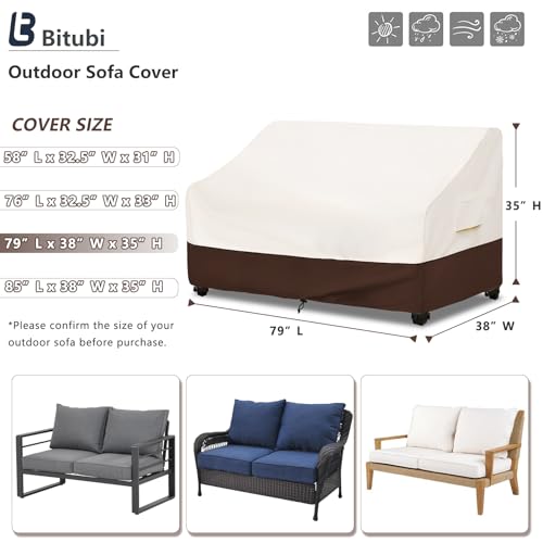Image of Bitubi Waterproof Patio Sofa Cover, Heavy Duty 3-Seater Outdoor Couch Cover Size Up to 79W x 38D x 35H Inches, Lawn Patio Furniture Covers with Air Vent (Brown)