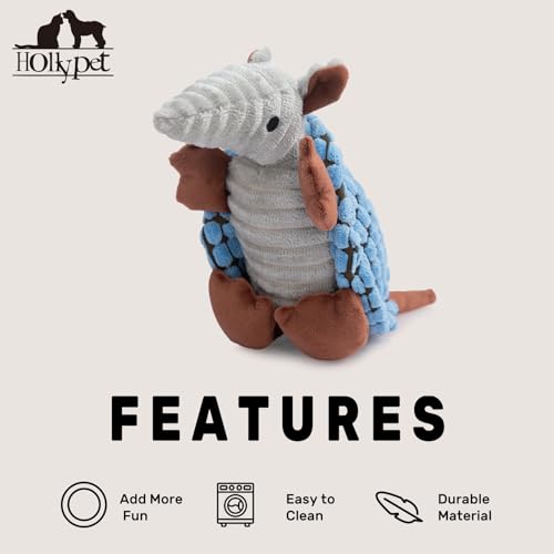 Image of Hollypet Plush Dog Squeaky Toy Stuffed Armadillo Animal Pet Puppy Chew Toys with Clean Teeth for Small Medium Large All Breed Sizes Dogs, Sea Foam, 8 in