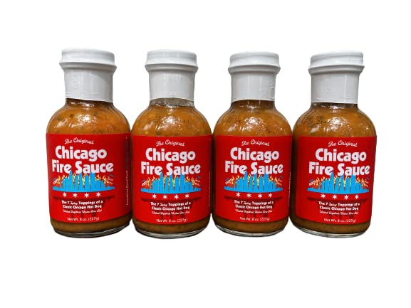 Chicago Fire Sauce Windy City Hot Dog Condiment Bold & Spicy Sausage Topper 7 SPICY Toppings Best Savory Heat Blend Big Fork (8 oz. 4 bottles)