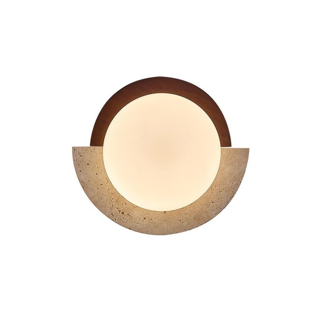 LUOYAOB Modern Travertine Wall Lamp Yellow Natural Stone Wall Sconce with Glass Shade and Wood Accent Minimalist Indoor Wall Lighting for Bedroom Living Room Bathroom Hallway