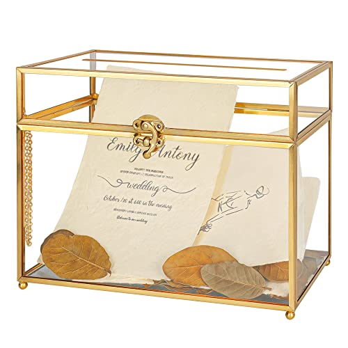Redhugo 10X5.5X7.7 Inches Gold Glass Card Box Handmade With Slot, Wedding Card Boxes For Reception, Graduation, Gift Cards, Party, Brass Geometric Terrarium, Golden Decorative Box, Medium #TOP6
