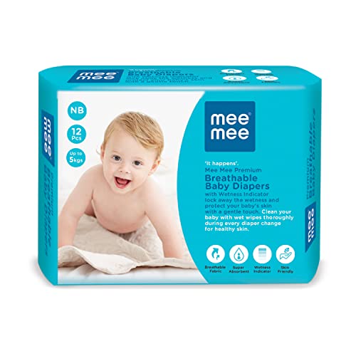 Mee Mee Premium Breathable (NB) size Baby Taped Diapers 12 Pcs, 5 Kgs for 0-1 Years, Super Absorbent, Cotton Soft with Wetness Indicator for New Born Babies/Infants with Protection Upto 12 Hrs
