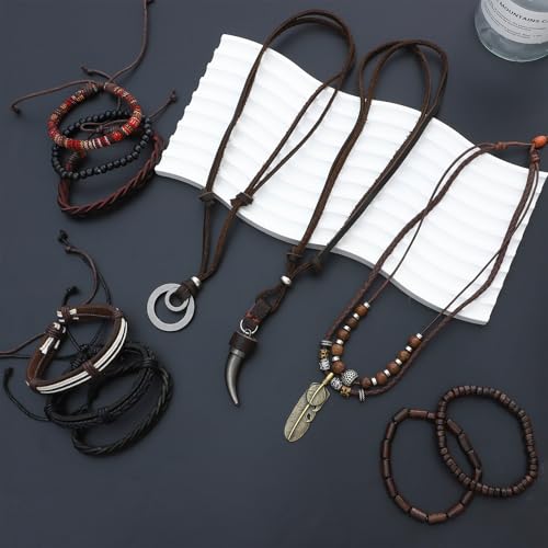 NEWITIN 17 Pieces Braided Leather Jewelry Set for Men Woven Faux Leather Layered Necklaces Cuff Wrap Bracelets Retro Bohemian Jewelry Set for Men Women4