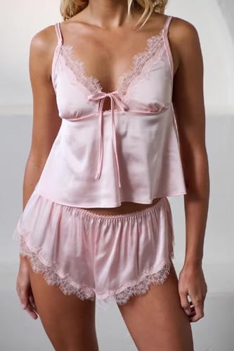 Image of ROAONOCOMO Women Lace Trim Pj Shorts Set Square Neck Coquette Tank Top Silk Satin Pajama Set Babydoll 2 Piece Shorts Outfit