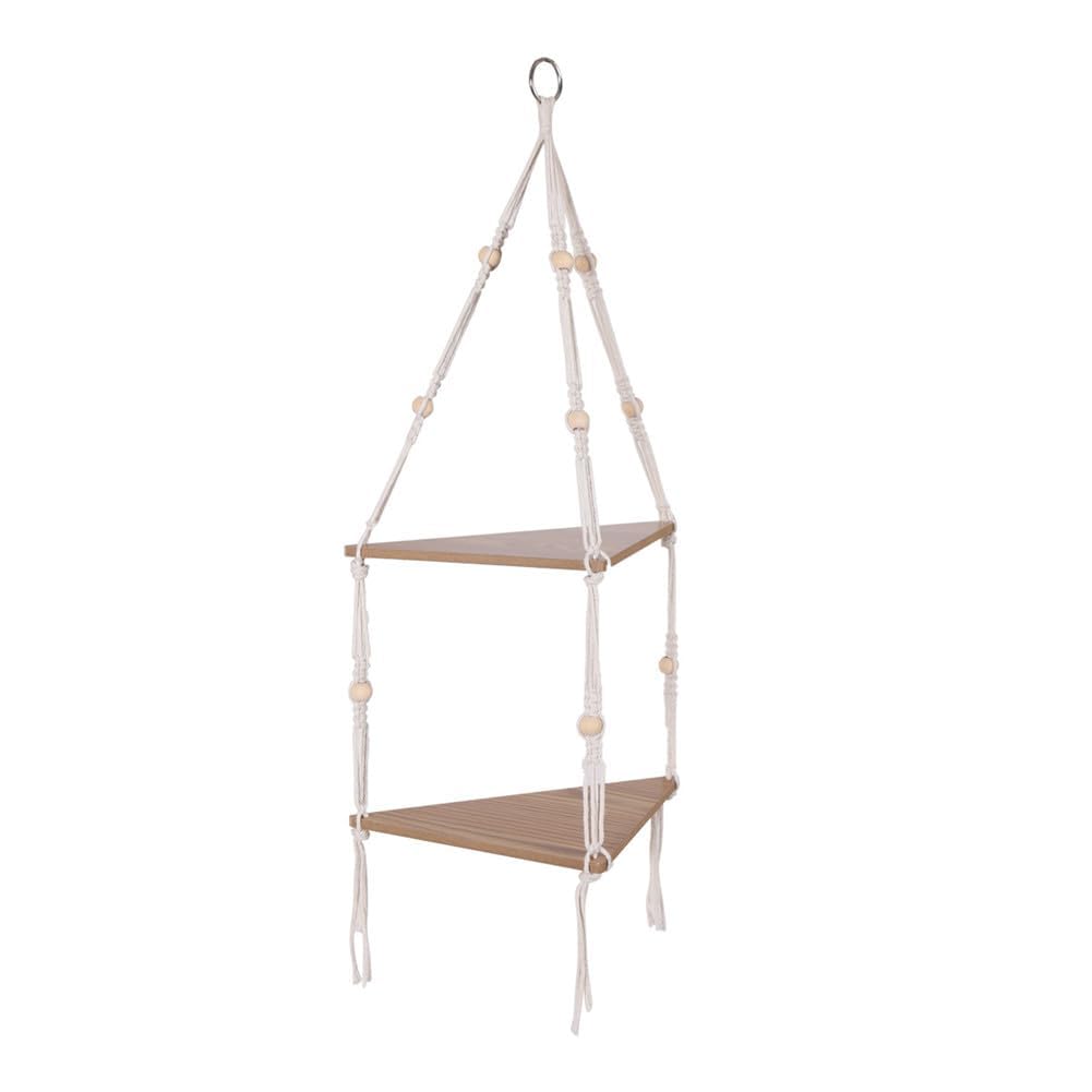 Garvee Eckregal hängend Holz, 2 Etagen Schweberegal mit Seil & Perlen, Boho Dekoration Wandregal für Pflanzen & Fotos, Eck-Hängeregal für Wohnzimmer Schlafzimmer Bad, Naturholz Design