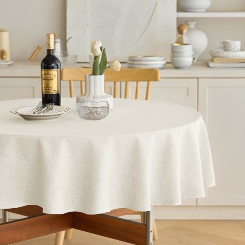 Image of Decorelia Waterproof Faux Linen Tablecloth for Round Dining Table, Decorative Fabric Rustic Tablecloth Cover for Holiday, Banquet, Outdoor & Kitchen Table(60 Inch, Round (2-4 Seats), Ivory)