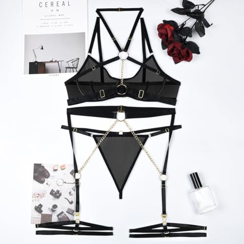 Image of Lilosy Sexy Pu Leather Strappy Underwire Garter Belt Lingerie Set