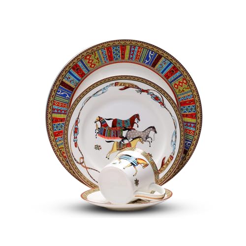 8-piece bone china dinnerware set for 2, red horse pattern round dinner plates, fine dish set for 2 with coffee cup for dinning, suitable for microwave,oven,dishwasher (dinnerware set for 2 people)