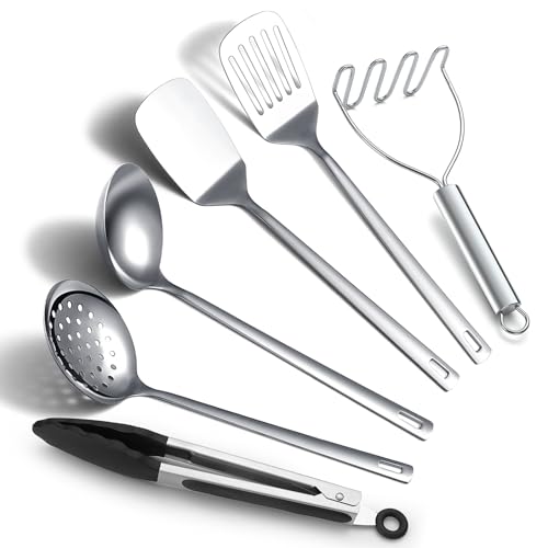 Juego de utensilios de cocina de acero inoxidable Kyraton de 6 piezas, incluye juegos de espátulas de metal, espumadera, cucharón, pinzas, machacador de patatas, utensilios de cocina