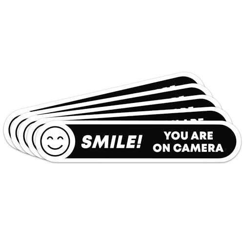 Image of | Smile You're On Camera Stickers (5 Pcs) - Strong Adhesive, Waterproof You are On Camera Signs! Size 5 inch x 1 inch. Anti Theft Car Stickers. Perfect for Business and Home Security Too