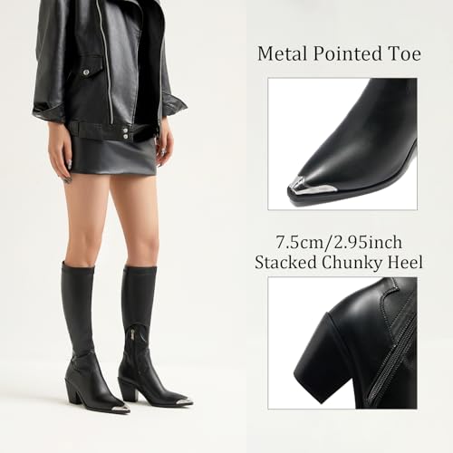 Women Knee High Boots Leather PU Stretch Block Chunky Heel Pointed Toe Cowboy Dressy Tall Boots3