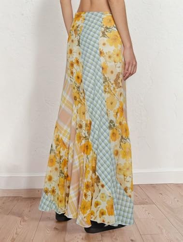 CHARTU Women Floral Print Plaid Patchwork Maxi Skirt Summer Beach Vacation Lightweight Flowy Long Skirt4