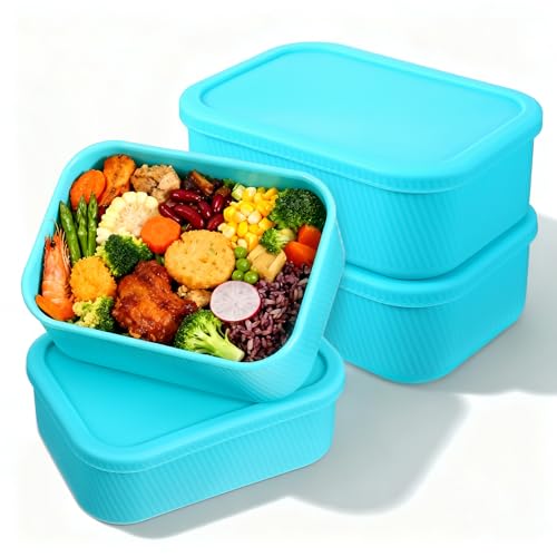Meyeyaia 4 Pcs Silicone Freezer Trays with Lid, 6 Cup Freezer Silicone Molds Reusable Rectangle Soup Food Containers Freezing Ice Trays for Soups, Sauces, Stews & Curries (Lake Blue)
