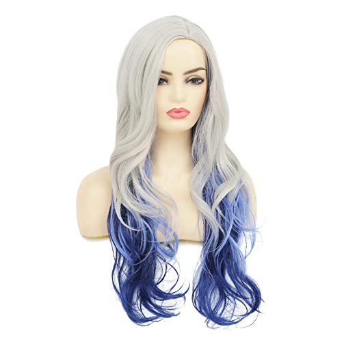 Beweig Long Curly Wavy Silver Grey To Blue Wig Side Part Natural Looking Synthetic Cosplay Wig For Women #TOP3
