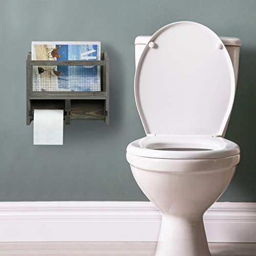 Mygift Wall Mounted Vintage Gray Solid Wood Dual Toilet Paper Roll Dispenser And Magazine Holder With Mesh Metal Front Panel #TOP1