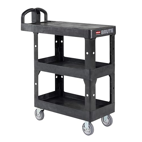 Image of Rubbermaid Commercial BRUTE Heavy Duty 3-Shelf Utility /Service Cart, Small, Flat Shelves, Ergonomic Handle, 600 lbs. Capacity, for Retail Stores /Garage /Cleaning /Maintenance