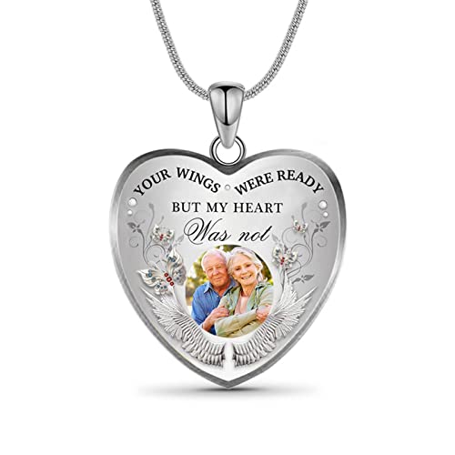 Drawelry Personalized Photo Memorial Necklace Customized Picture Pendant With Angel Wings Sterling Silver for Women Men I Will Carry You with Me Heart Memory Necklace Jewelry Gift for Memorial Father's Mother's Day Birthday Anniversary Loving Memory4