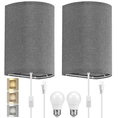 Wall Sconces Set of Two, Fabric Shades Plug in Wall Sconces, 3 Color Temperature Switching Modern...