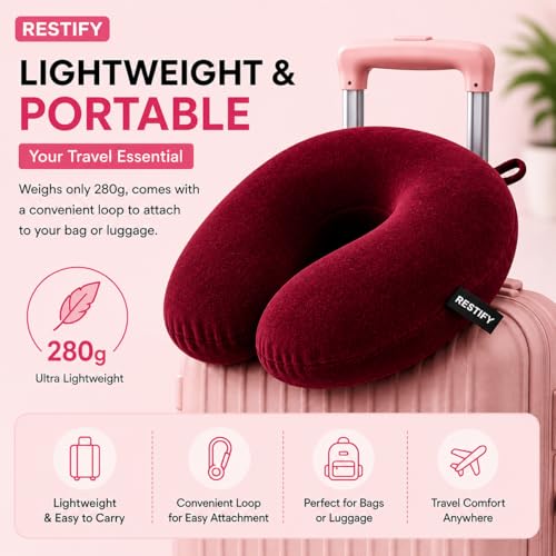 Image of Restify Premium Memory Foam Travel Neck Pillow | Soft Velvet U Shape Neck Support Cushion for Flight, Airplane, Car & Office Travel | Portable Pillow for Men & Women | Maroon