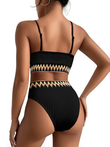 Image of Lilosy High Waisted Tummy Control Ribbed Bikini Crop Top Brazilian Swimsuit Set 2 Piece
