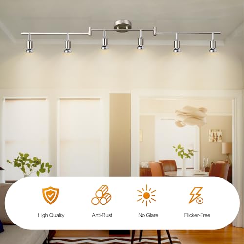 DLLT LED 6 Light Track Light Kit, Matte Nickel 6 Way Ceiling Track Lighting, CRI≥90, Flexibly Rotatable Light Heads, Ceiling Spot Light for Exhibition, Included 6 x 3W LED GU10 Bulbs(3000K, 1440LM)