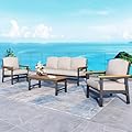 SUNSHINE VALLEY HDPE Patio Furniture Set, Modern Patio Sets with Wood-Grain Table, Outdoor Couch Set, Beige 4.7" Thick Cushions