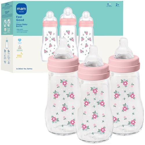 Image of MAM 9oz Premium Glass Wide Neck Baby Bottle with Medium Flow Breastfeeding-Like Silicone Nipple, Easy to Clean, BPA Free, 2+ Months, Easy Switch Between Breast and Bottle, Made in Europe, 3 Pack