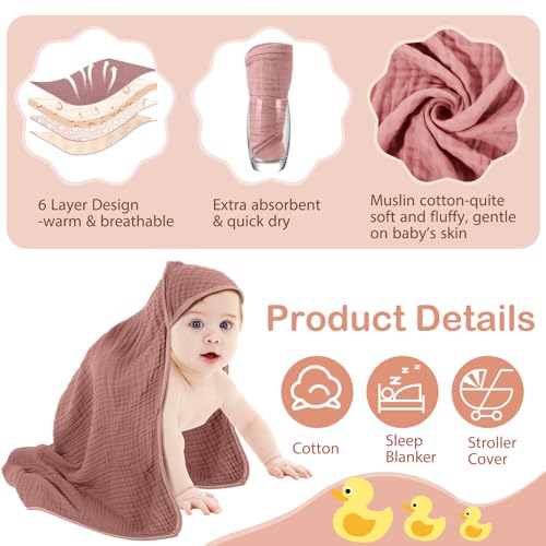 Image of Peryiter 6 Pcs Muslin Hooded Baby Towels, 32 inchx 32 inch Cotton Newborn Bath Towel Muslin Infant Baby Blankets Absorbent Unisex Newborn Registry Gift Essentials for Girls Boys (Pink,Blush,Red)