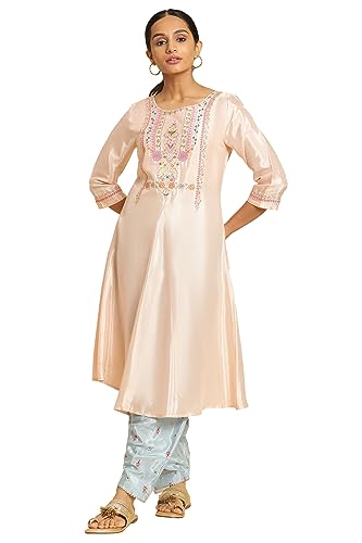 Image of W for Woman Peach Embroidered Flared Kurta