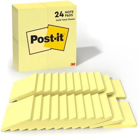 Post-it Notas, 3 x 3 pulgadas, 100 hojas por bloc Amarillo canario 24 blocs, paquete de 8