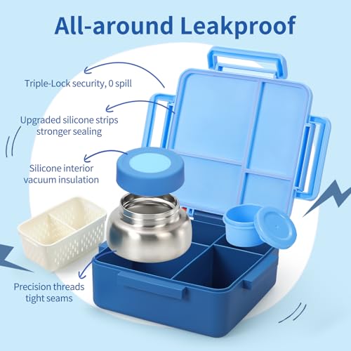 Image of Bento Box for Kids with Thermos, [Large Capacity] Insulated Kids Lunch Box with 4 Compartment for Ages 3+, Drop-Proof & Dishwasher Safe Lunchbox Container Blue