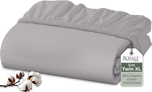 Image of Royale Linens 100% Organic Cotton Fitted Sheet - Percale Weave - Super Soft Deep Pocket Bottom Sheets - Elastic Sheet Twin XL Size - Twin XL Fitted Sheets Only - (39 inchx80 inch+15 inch, Silver)