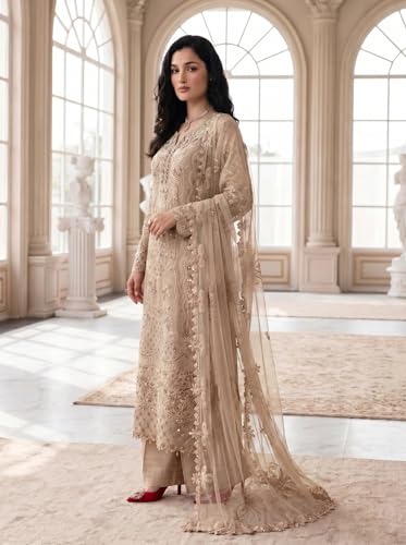 Image of RUDRAPRAYAG Faux Georgette Fabric With Heavy Embroidered Sequence With Khatli Work Semi Stitched V-Neck Salwar Suit Sharara With Dupatta For Women