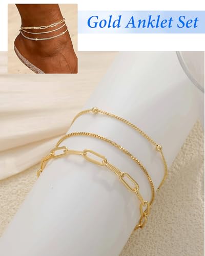 Image of ZHESHY Gold Silver Ankle Bracelets for Women 14K Gold Plated Anklets for Women Waterproof Cuban Link Heart Chain Anklets Set Non Tarnish Dainty Layered Anklet Bracelets for Women Summer Beach Jewelry