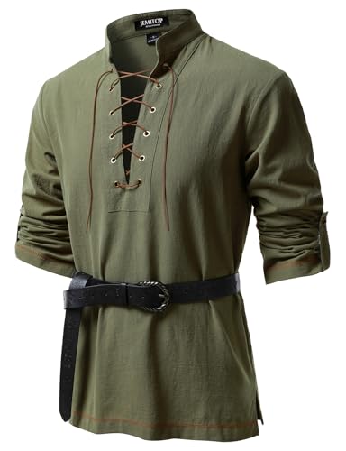 JEMITOP Mens Renaissance Cotton Lace Up Shirt Mandarin Collar Long Sleeve Retro Costume for Medieval Pirate Viking Halloween Knight Vampire Without Belt Army Green L