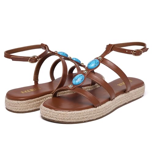 Image of Women's Bohemian Espadrille Platform Sandals,Open Toe Wedge Sandals with Turquoise Decor, Adjustable Ankle Buckle, Summer Beach Shoes